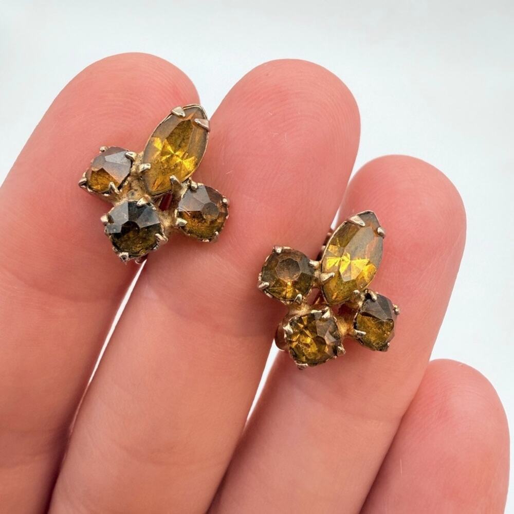 Vintage Signed Coro Faux Amber Topaz Crystal Cluster Screw Back Earrings Gold